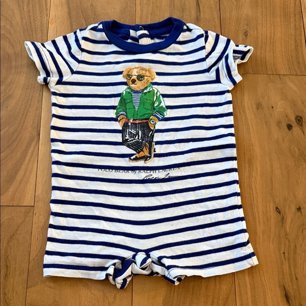 Ralph Lauren Navy & White Striped Baby Romper with Polo Bear